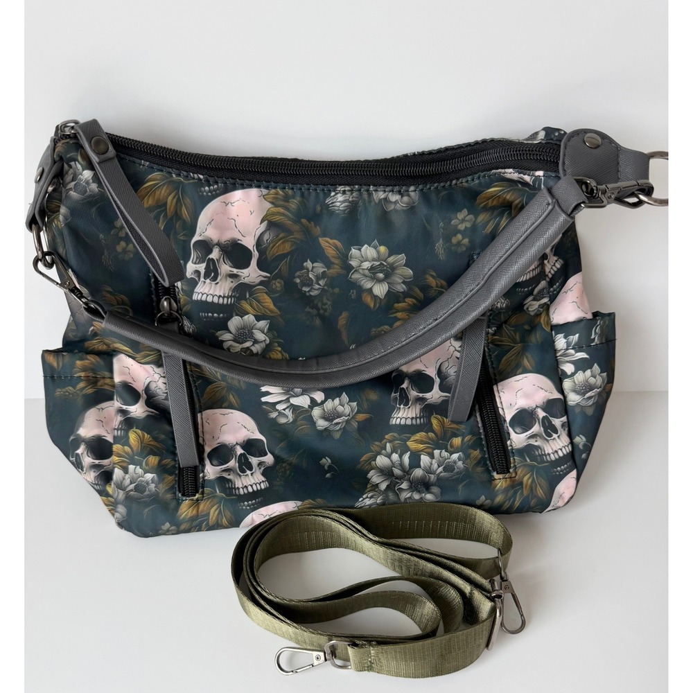 Skull Floral Print Shoulder Bag Medium Black Gothic Grunge Purse
